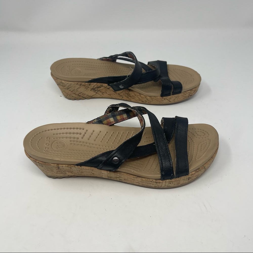 Crocs Women's A-Leigh Cork Black Brown Wedge Strappy Sandals Size 8 - Picture 2 of 8